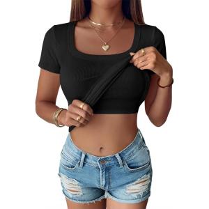 image:imageANRABESS Womens Short Sleeve Tops Built in Bra Summer T Shirts Scoop Neck Ribbed Knit Fitted Basic Tee Casual Going Out TopBlack