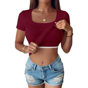 image:imageANRABESS Womens Short Sleeve Tops Built in Bra Summer T Shirts Scoop Neck Ribbed Knit Fitted Basic Tee Casual Going Out TopDeep Red