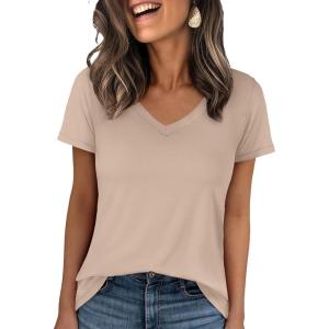image:imageANRABESS Womens Short Sleeve Tops Casual V Neck Wrinkle  Free Basic T Shirts Summer Cute Tee 2026 Spring Fashion ClothesAlmond