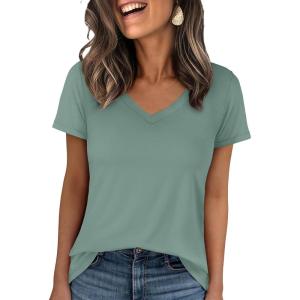 image:imageANRABESS Womens Short Sleeve Tops Casual V Neck Wrinkle  Free Basic T Shirts Summer Cute Tee 2026 Spring Fashion ClothesLight Green
