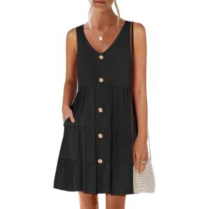 image:imageANRABESS Womens Summer Beach Vacation Dresses V Neck Sleeveless Casual Button Down A Line Swing Mini Sundresses with PocketsBlack