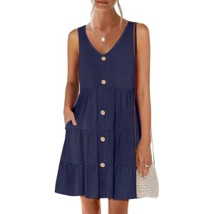 image:imageANRABESS Womens Summer Beach Vacation Dresses V Neck Sleeveless Casual Button Down A Line Swing Mini Sundresses with PocketsDeep Blue