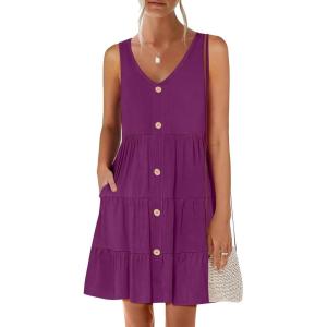 image:imageANRABESS Womens Summer Beach Vacation Dresses V Neck Sleeveless Casual Button Down A Line Swing Mini Sundresses with PocketsDeep Purple