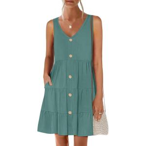 image:imageANRABESS Womens Summer Beach Vacation Dresses V Neck Sleeveless Casual Button Down A Line Swing Mini Sundresses with PocketsGrass Green
