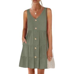 image:imageANRABESS Womens Summer Beach Vacation Dresses V Neck Sleeveless Casual Button Down A Line Swing Mini Sundresses with PocketsOlive