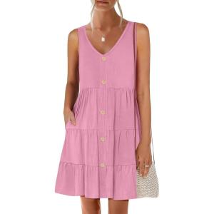 image:imageANRABESS Womens Summer Beach Vacation Dresses V Neck Sleeveless Casual Button Down A Line Swing Mini Sundresses with PocketsPink