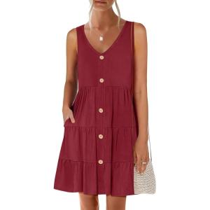 image:imageANRABESS Womens Summer Beach Vacation Dresses V Neck Sleeveless Casual Button Down A Line Swing Mini Sundresses with PocketsWine Red