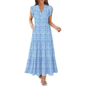 image:imageANRABESS Womens Summer Casual Maxi Dress V Neck Ruffle Sleeve Long Dresses Fashion Flowy Tiered Boho Beach Vacation SundressBlue Floral