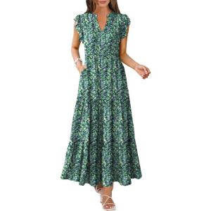 image:imageANRABESS Womens Summer Casual Maxi Dress V Neck Ruffle Sleeve Long Dresses Fashion Flowy Tiered Boho Beach Vacation SundressBlue Green Floral