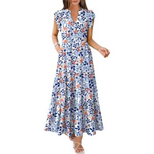 image:imageANRABESS Womens Summer Casual Maxi Dress V Neck Ruffle Sleeve Long Dresses Fashion Flowy Tiered Boho Beach Vacation SundressBlue Orange Floral