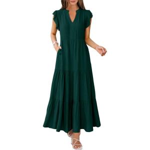 image:imageANRABESS Womens Summer Casual Maxi Dress V Neck Ruffle Sleeve Long Dresses Fashion Flowy Tiered Boho Beach Vacation SundressDeep Green