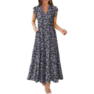 image:imageANRABESS Womens Summer Casual Maxi Dress V Neck Ruffle Sleeve Long Dresses Fashion Flowy Tiered Boho Beach Vacation SundressFloral Black Purple