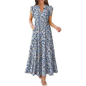 image:imageANRABESS Womens Summer Casual Maxi Dress V Neck Ruffle Sleeve Long Dresses Fashion Flowy Tiered Boho Beach Vacation SundressFloral Blue Yellow