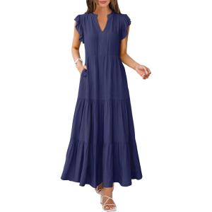 image:imageANRABESS Womens Summer Casual Maxi Dress V Neck Ruffle Sleeve Long Dresses Fashion Flowy Tiered Boho Beach Vacation SundressNavy Blue