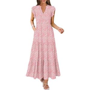 image:imageANRABESS Womens Summer Casual Maxi Dress V Neck Ruffle Sleeve Long Dresses Fashion Flowy Tiered Boho Beach Vacation SundressPink Floral