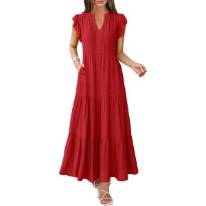 image:imageANRABESS Womens Summer Casual Maxi Dress V Neck Ruffle Sleeve Long Dresses Fashion Flowy Tiered Boho Beach Vacation SundressRed