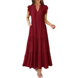 image:imageANRABESS Womens Summer Casual Maxi Dress V Neck Ruffle Sleeve Long Dresses Fashion Flowy Tiered Boho Beach Vacation SundressWine Red