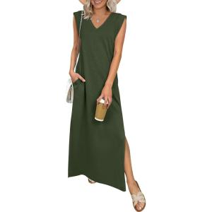 image:imageANRABESS Womens Summer Casual Maxi Dresses Sleeveless V Neck Split WrinkleFree Long Sundress Beach Vacation Travel ClothesArmy Green