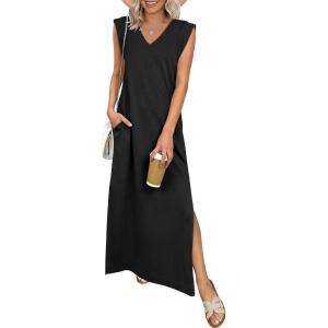 image:imageANRABESS Womens Summer Casual Maxi Dresses Sleeveless V Neck Split WrinkleFree Long Sundress Beach Vacation Travel ClothesBlack