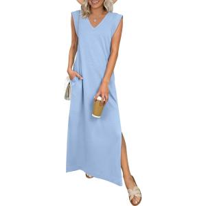 image:imageANRABESS Womens Summer Casual Maxi Dresses Sleeveless V Neck Split WrinkleFree Long Sundress Beach Vacation Travel ClothesLight Blue