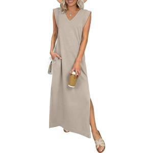 image:imageANRABESS Womens Summer Casual Maxi Dresses Sleeveless V Neck Split WrinkleFree Long Sundress Beach Vacation Travel ClothesLight Khaki