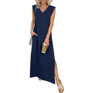 image:imageANRABESS Womens Summer Casual Maxi Dresses Sleeveless V Neck Split WrinkleFree Long Sundress Beach Vacation Travel ClothesNavy Blue