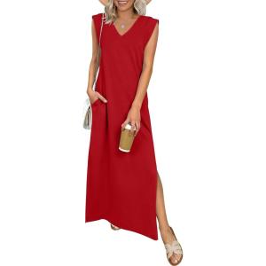 image:imageANRABESS Womens Summer Casual Maxi Dresses Sleeveless V Neck Split WrinkleFree Long Sundress Beach Vacation Travel ClothesRed
