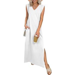 image:imageANRABESS Womens Summer Casual Maxi Dresses Sleeveless V Neck Split WrinkleFree Long Sundress Beach Vacation Travel ClothesWhite