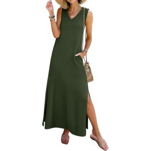 image:imageANRABESS Womens Summer Casual V Neck Sleeveless Tank Maxi Dress Split WrinkleFree Beach Vacation Sundress Cruise OutfitsArmy Green