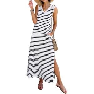 image:imageANRABESS Womens Summer Casual V Neck Sleeveless Tank Maxi Dress Split WrinkleFree Beach Vacation Sundress Cruise OutfitsBlack White Stripe