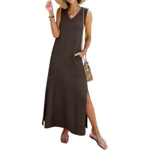 image:imageANRABESS Womens Summer Casual V Neck Sleeveless Tank Maxi Dress Split WrinkleFree Beach Vacation Sundress Cruise OutfitsBrown