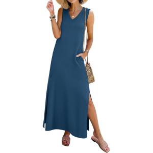 image:imageANRABESS Womens Summer Casual V Neck Sleeveless Tank Maxi Dress Split WrinkleFree Beach Vacation Sundress Cruise OutfitsDeep Blue