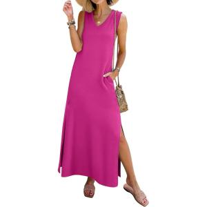 image:imageANRABESS Womens Summer Casual V Neck Sleeveless Tank Maxi Dress Split WrinkleFree Beach Vacation Sundress Cruise OutfitsHot Pink