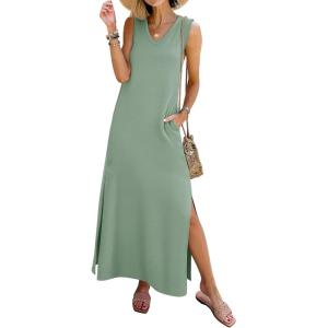 image:imageANRABESS Womens Summer Casual V Neck Sleeveless Tank Maxi Dress Split WrinkleFree Beach Vacation Sundress Cruise OutfitsLight Green