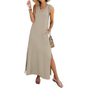 image:imageANRABESS Womens Summer Casual V Neck Sleeveless Tank Maxi Dress Split WrinkleFree Beach Vacation Sundress Cruise OutfitsLight Khaki