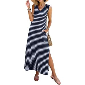 image:imageANRABESS Womens Summer Casual V Neck Sleeveless Tank Maxi Dress Split WrinkleFree Beach Vacation Sundress Cruise OutfitsNavy Blue White Stripe
