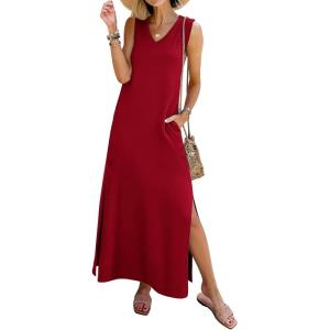 image:imageANRABESS Womens Summer Casual V Neck Sleeveless Tank Maxi Dress Split WrinkleFree Beach Vacation Sundress Cruise OutfitsRed