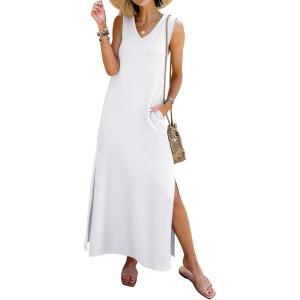 image:imageANRABESS Womens Summer Casual V Neck Sleeveless Tank Maxi Dress Split WrinkleFree Beach Vacation Sundress Cruise OutfitsWhite