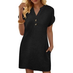 image:imageANRABESS Womens Summer Dresses Casual Short Sleeve V Neck Textured Cute Mini Tshirt Dress 2026 Spring Beach Shift SundressBlack