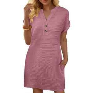 image:imageANRABESS Womens Summer Dresses Casual Short Sleeve V Neck Textured Cute Mini Tshirt Dress 2026 Spring Beach Shift SundressGrey Pink