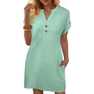 image:imageANRABESS Womens Summer Dresses Casual Short Sleeve V Neck Textured Cute Mini Tshirt Dress 2026 Spring Beach Shift SundressLight Green
