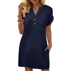 image:imageANRABESS Womens Summer Dresses Casual Short Sleeve V Neck Textured Cute Mini Tshirt Dress 2026 Spring Beach Shift SundressNavy Blue