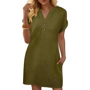 image:imageANRABESS Womens Summer Dresses Casual Short Sleeve V Neck Textured Cute Mini Tshirt Dress 2026 Spring Beach Shift SundressOlive Green