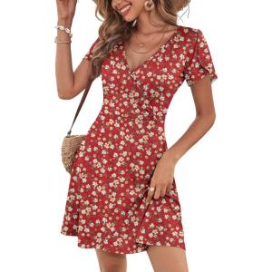 image:imageANRABESS Womens Summer Dresses Short Sleeve Wrap V Neck ALine Floral Mini Dress Causal Flowy Boho Beach Vacation SundressFloral Red