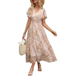 image:imageANRABESS Womens Summer Floral Maxi Dress Casual V Neck Short Sleeve Chiffon Boho Flowy Beach 2026 Wedding Guest Long DressesApricot Flor