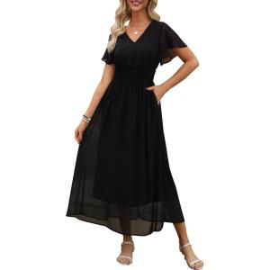 image:imageANRABESS Womens Summer Floral Maxi Dress Casual V Neck Short Sleeve Chiffon Boho Flowy Beach 2026 Wedding Guest Long DressesBlack
