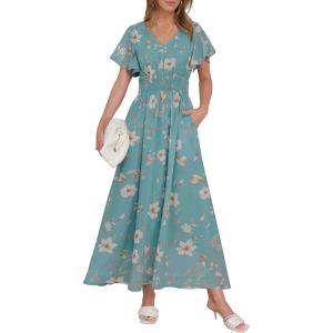 image:imageANRABESS Womens Summer Floral Maxi Dress Casual V Neck Short Sleeve Chiffon Boho Flowy Beach 2026 Wedding Guest Long DressesCadetblue Flor