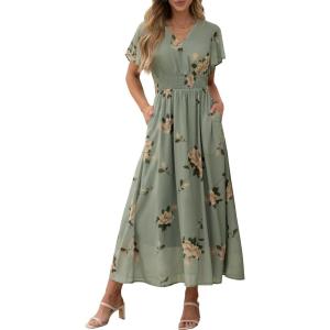 image:imageANRABESS Womens Summer Floral Maxi Dress Casual V Neck Short Sleeve Chiffon Boho Flowy Beach 2026 Wedding Guest Long DressesFloral Green