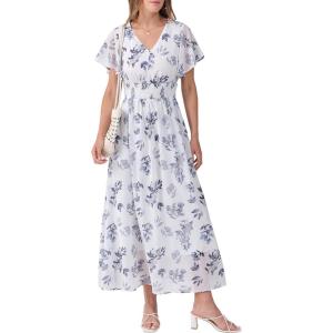 image:imageANRABESS Womens Summer Floral Maxi Dress Casual V Neck Short Sleeve Chiffon Boho Flowy Beach 2026 Wedding Guest Long DressesFloral White Teal