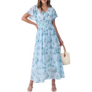 image:imageANRABESS Womens Summer Floral Maxi Dress Casual V Neck Short Sleeve Chiffon Boho Flowy Beach 2026 Wedding Guest Long DressesGreen Leaf Print